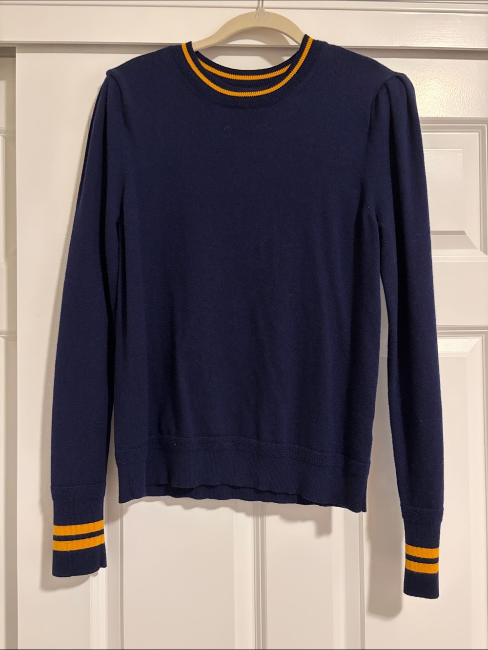 Treasure & Bond Pullover Knit Sweater L navy blue gold stripe padded shoulders